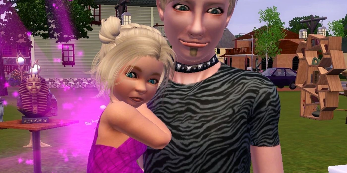 Peri balita di Sims 3, mengenakan atasan merah muda dan sayap merah muda saat dia digendong oleh ayahnya.