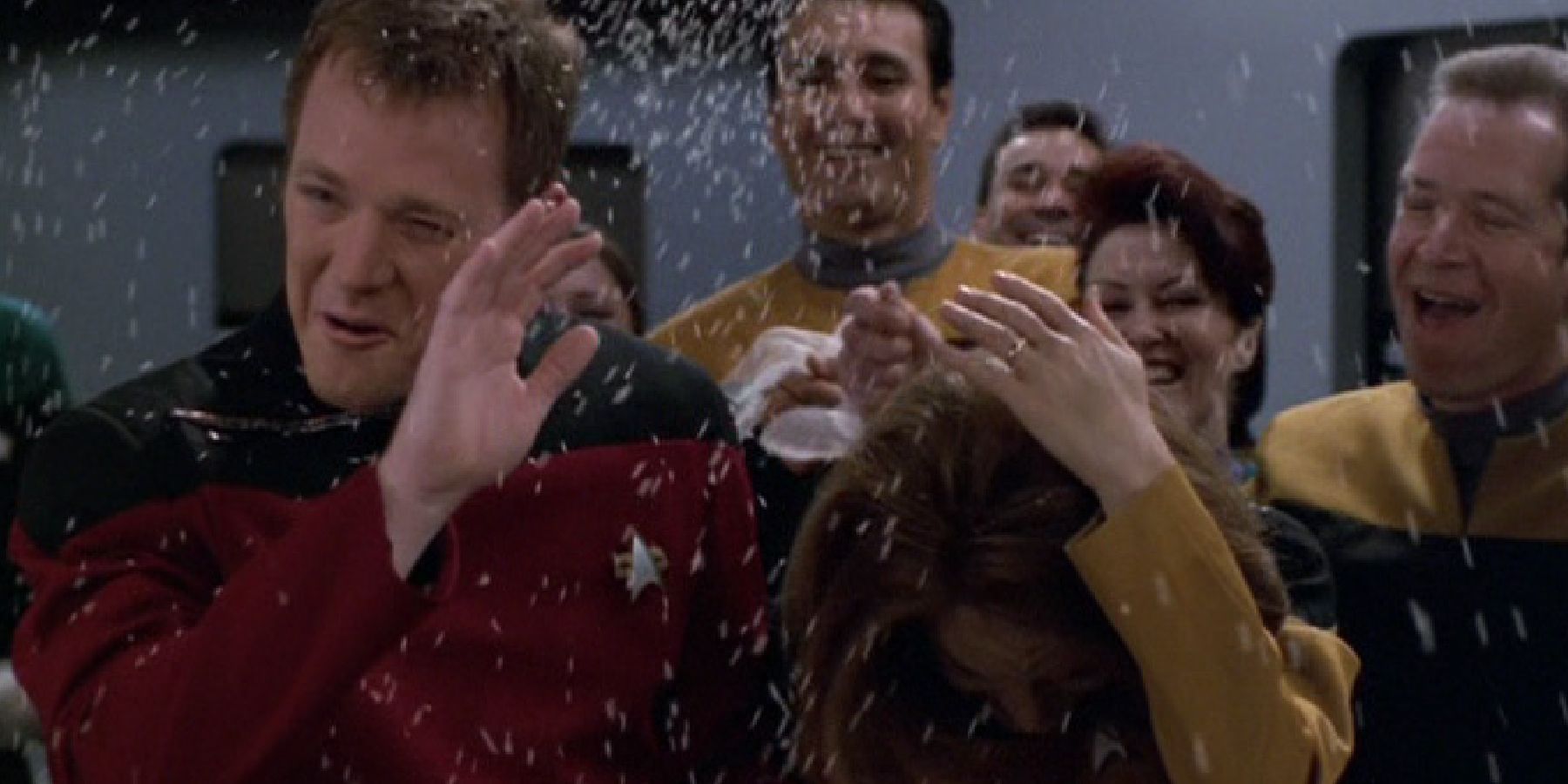 Tom Paris and B&rsquo;Elanna Torres are showered with confetti