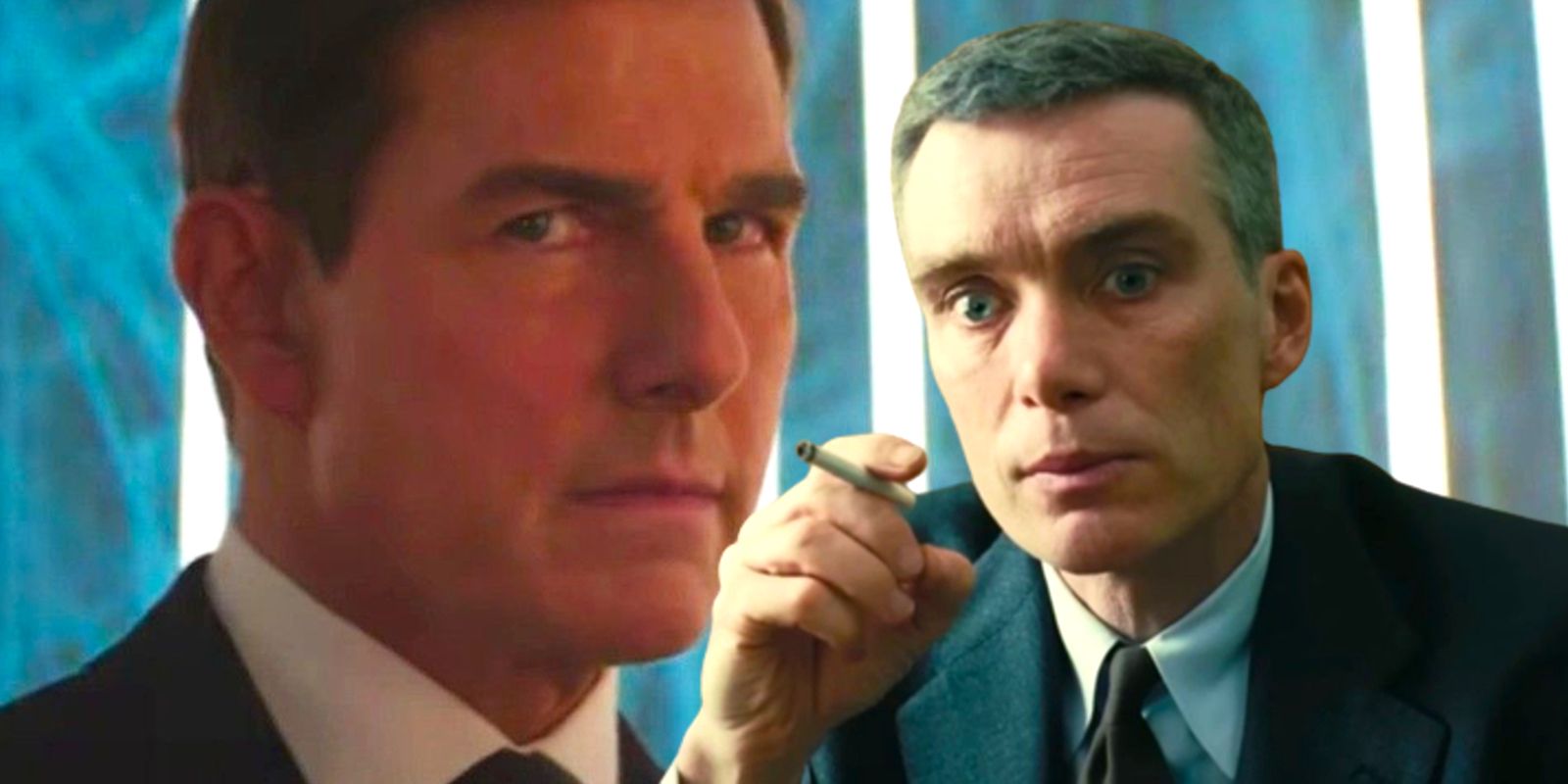 Custom image of Tom Cruise as Ethan Hunt glaring in Mission Impossible Dead Reckoning Part One and Cillian Murphy as Oppenheimer smoking