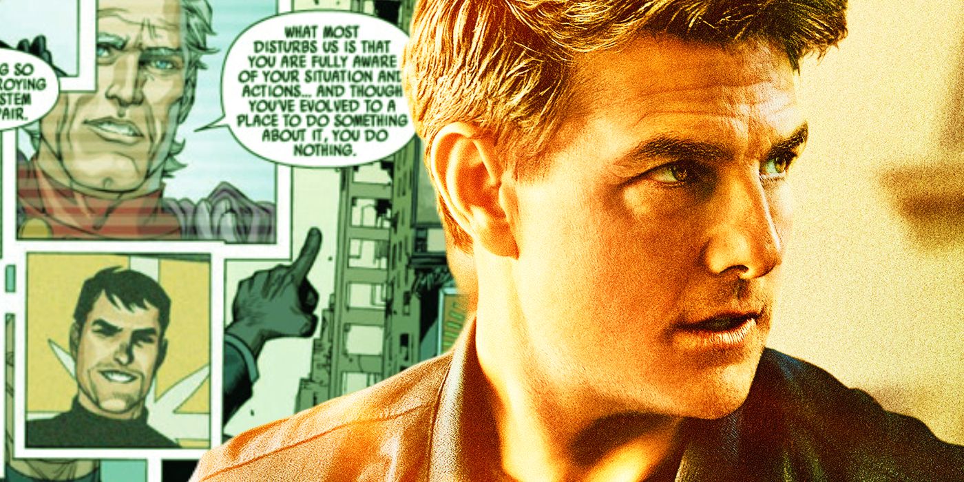 Tom Cruise in front of a Secret Invasion comic book page