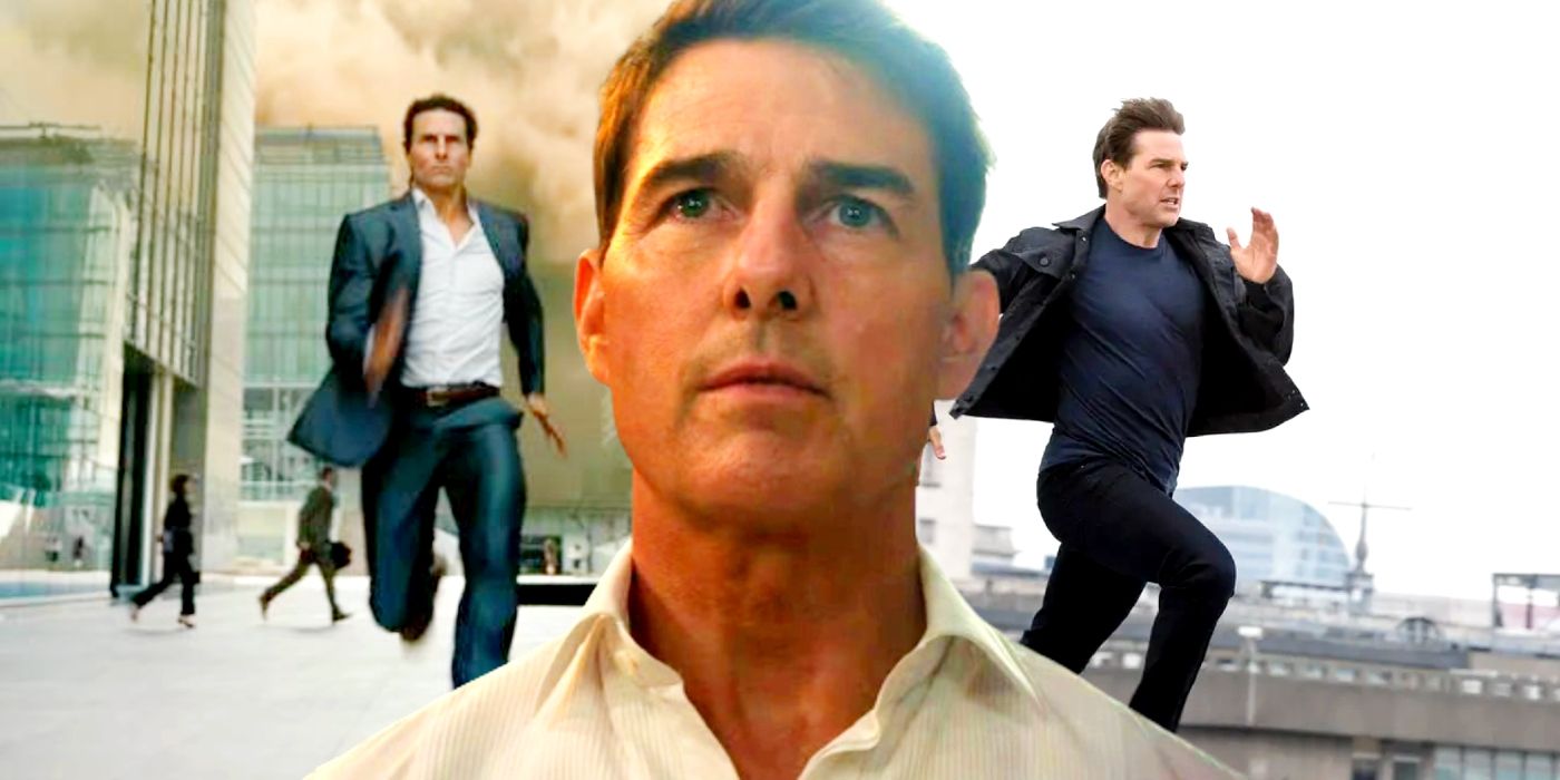 Custom image of Tom Cruise running in Mission: Impossible - Ghost Protocol and Cruise running in MIssion: Impossible – Fallout separated by Cruise in Mission: Impossible – Dead Reckoning Part One