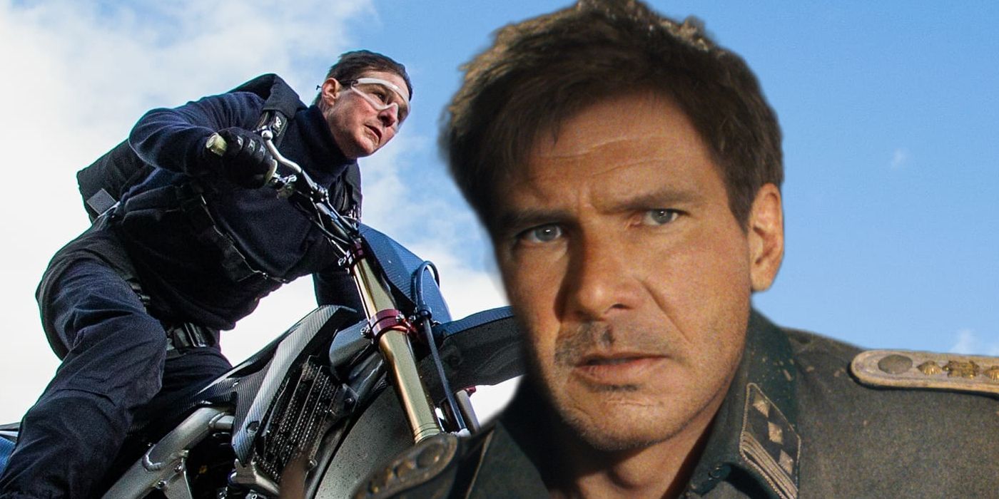 Tom Cruise RIding a Motorcycle Behind Young Indiana Jones