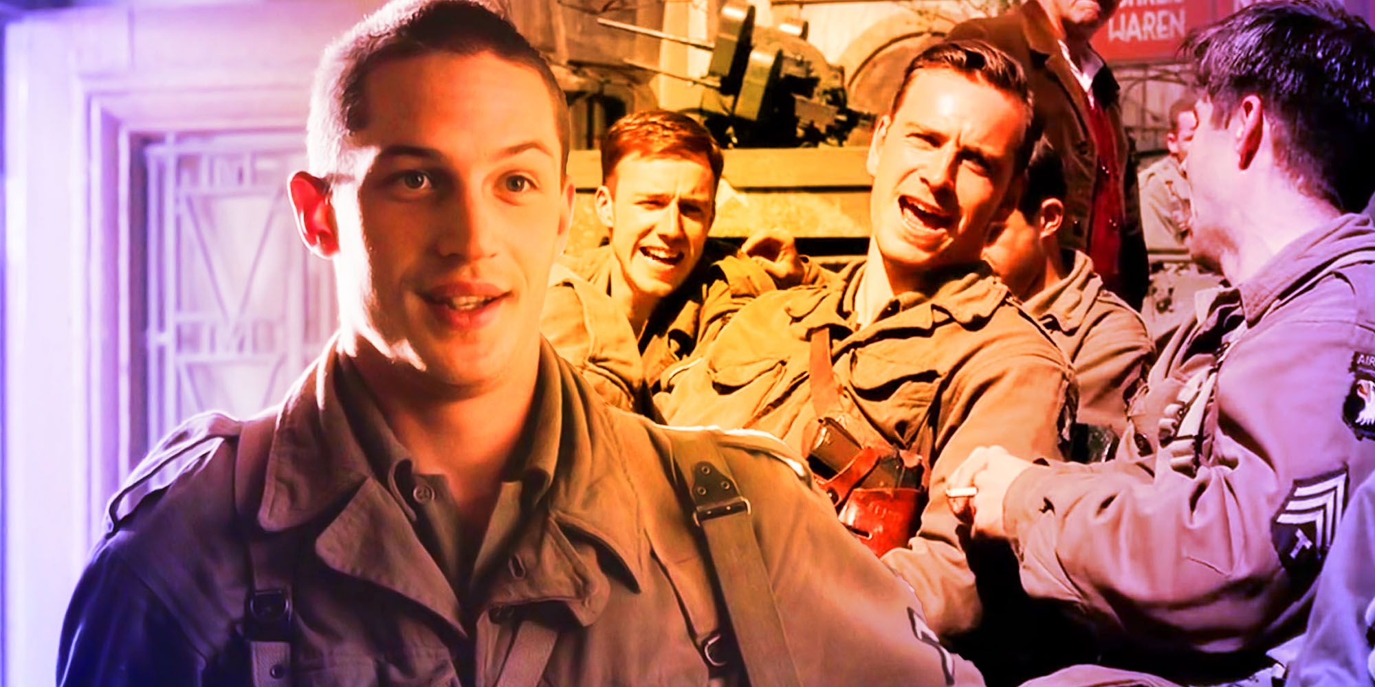 Blended, colorful image of Tom Hardy smiling and Michael Fassbender celebrating with fellow soldiers in Band of Brothers