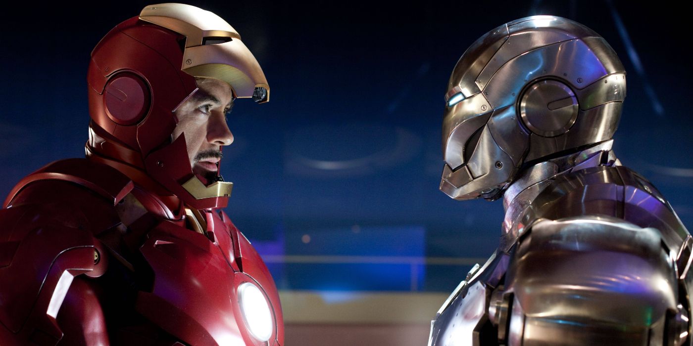 Robert Downey Jr. as Tony Stark in Iron Man 2 about to fight with War Machine