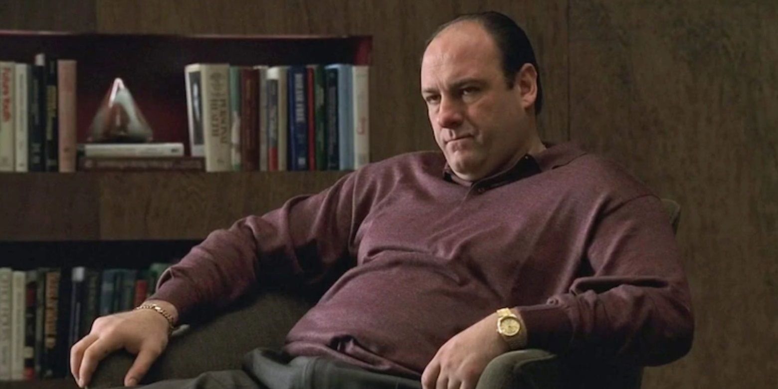 Tony Soprano (James Gandolfini) sitting in Dr Melfi's office in The Sopranos