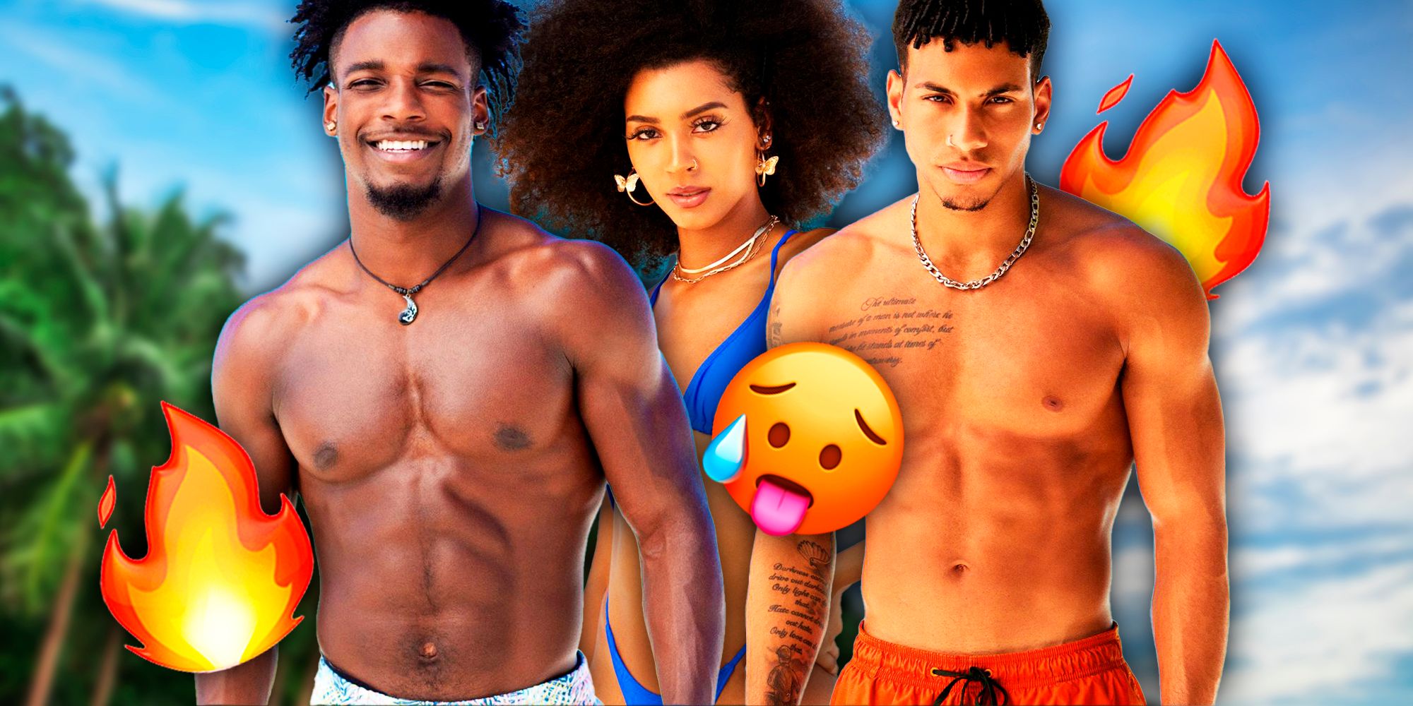 too hot to handle montage two shirtless cast members one woman in swimsuit  fire and tongue out emoji