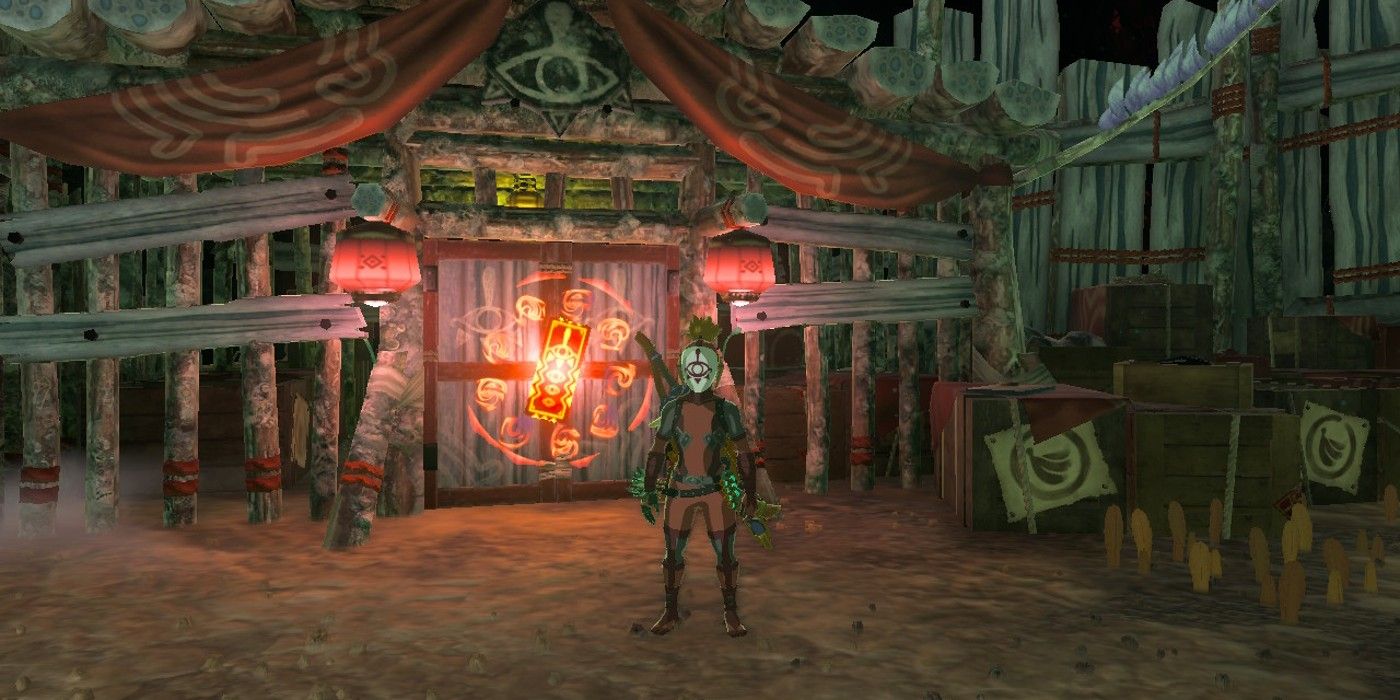 Link wearing the Yiga Armor set inside a Yiga Depths base in The Legend of Zelda: Tears of the Kingdom, with a sealed treasure room behind him.