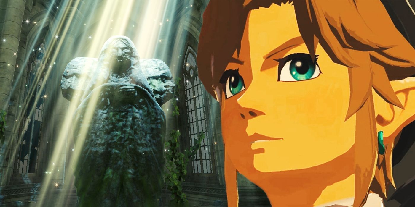 Close-up of Link from The Legend of Zelda: Tears of the Kingdom with the Temple of Time&rsquo;s Goddess Statue in the background.