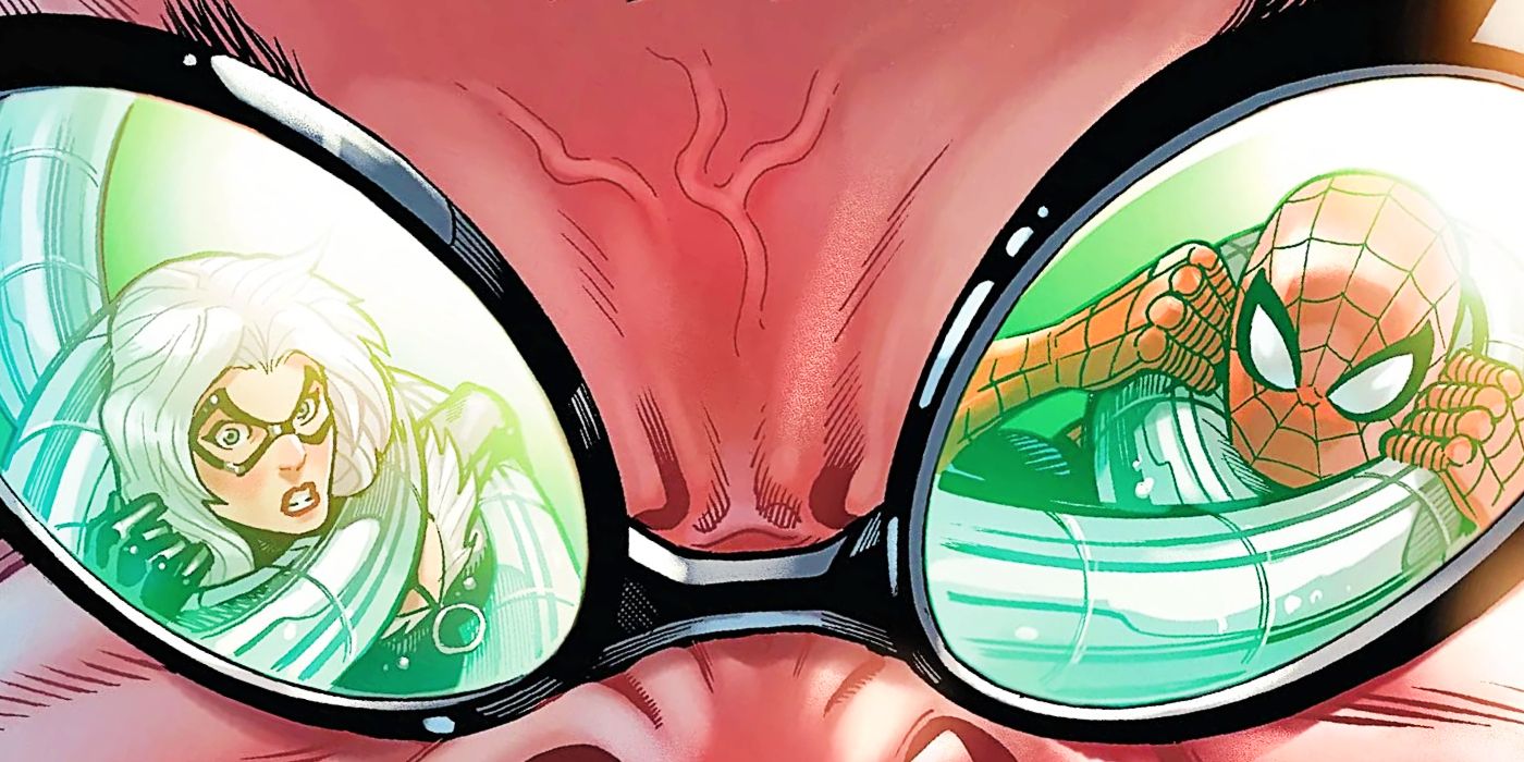 A close-up of Doctor Octopus's face, revealing the reflections of Black Cat and Spider-Man trapped in his tentacles.