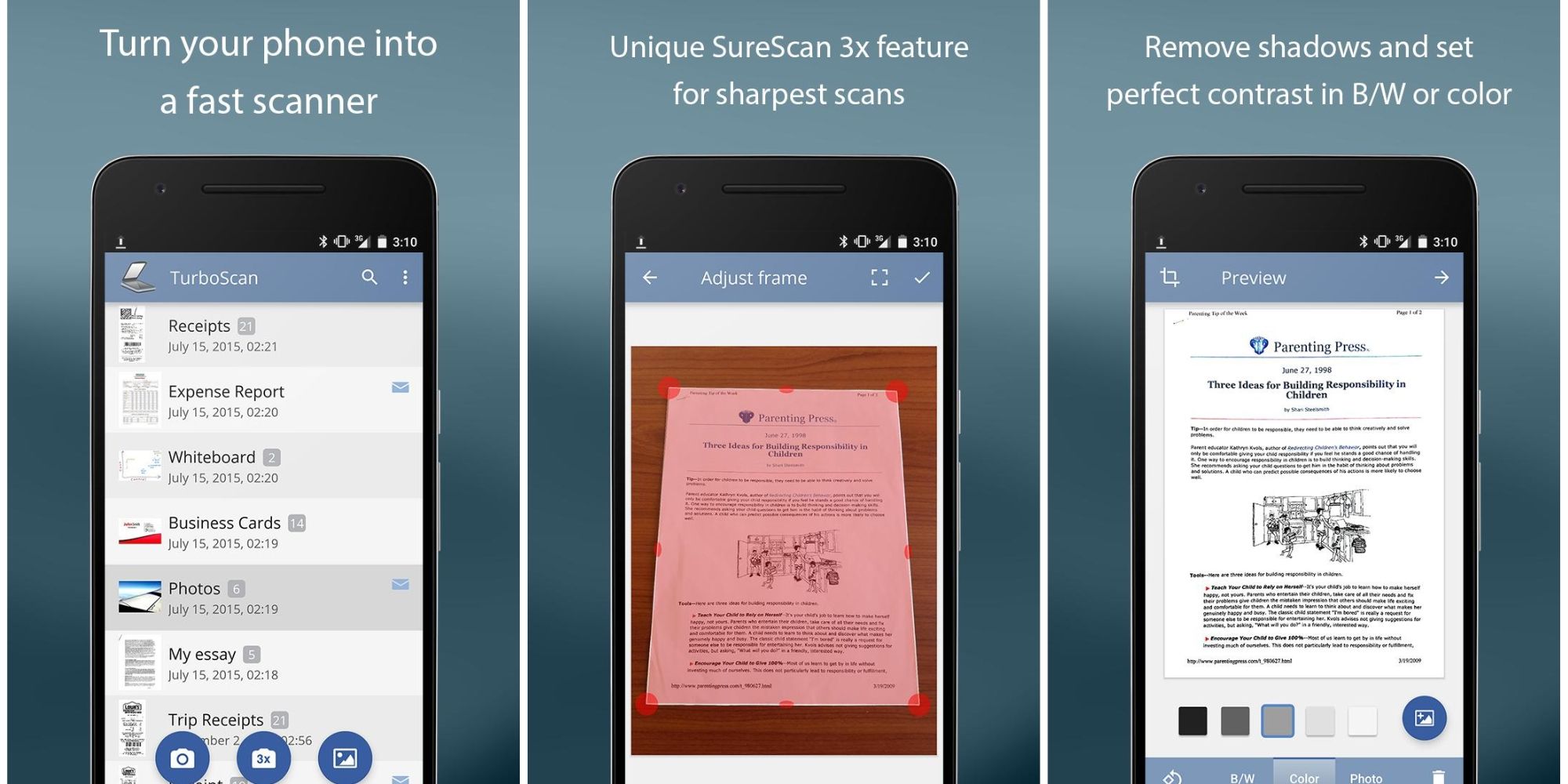 Screenshots of TurboScanner PDF app on Android
