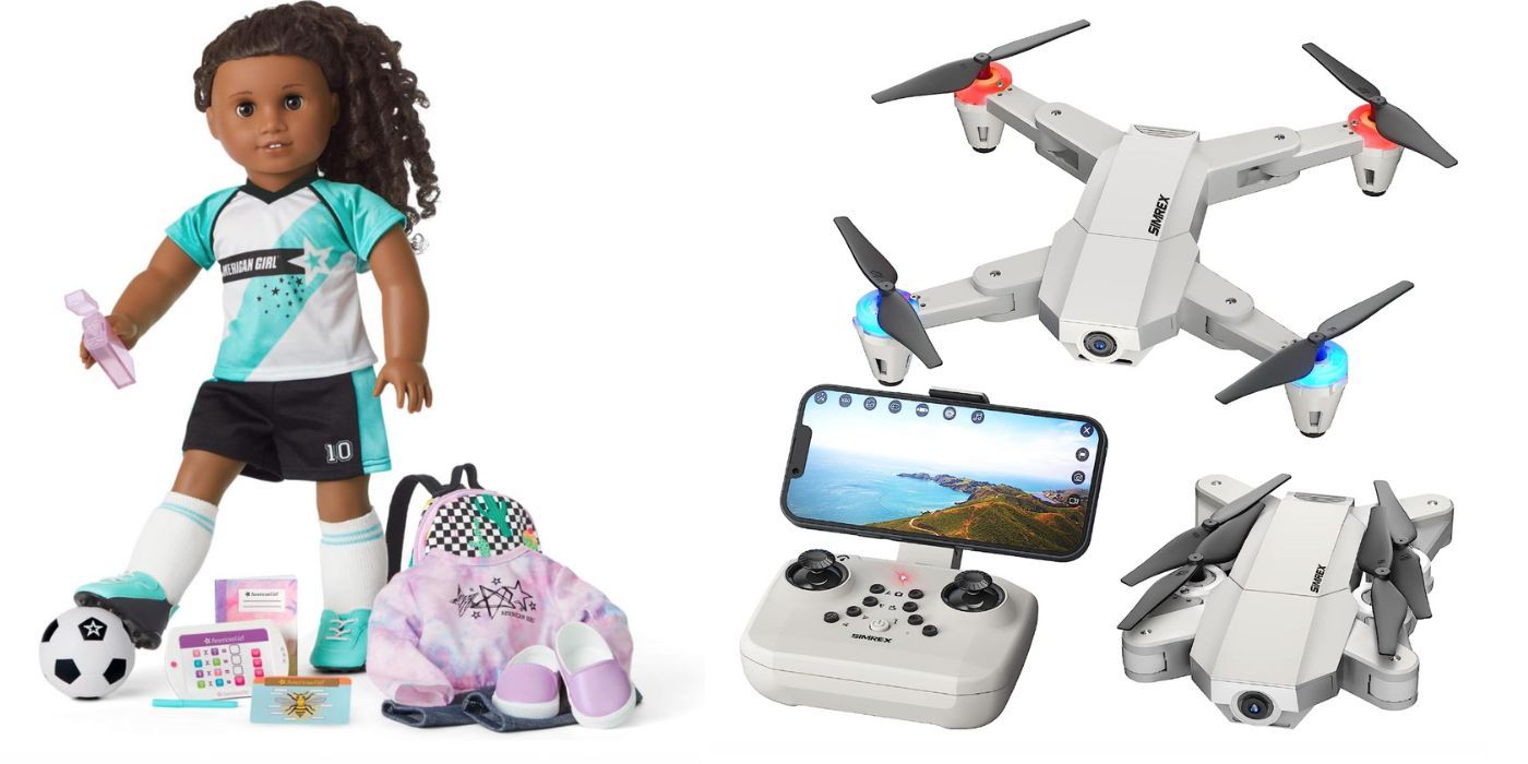 Two side by side images of American Girl doll and mini drone