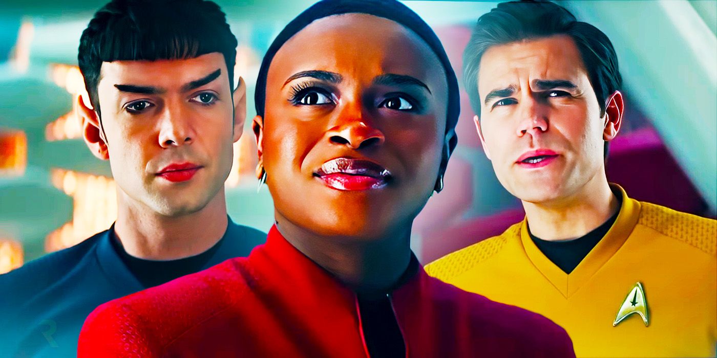 Spock, Uhura, and Kirk from Star Trek: Strange New Worlds. 