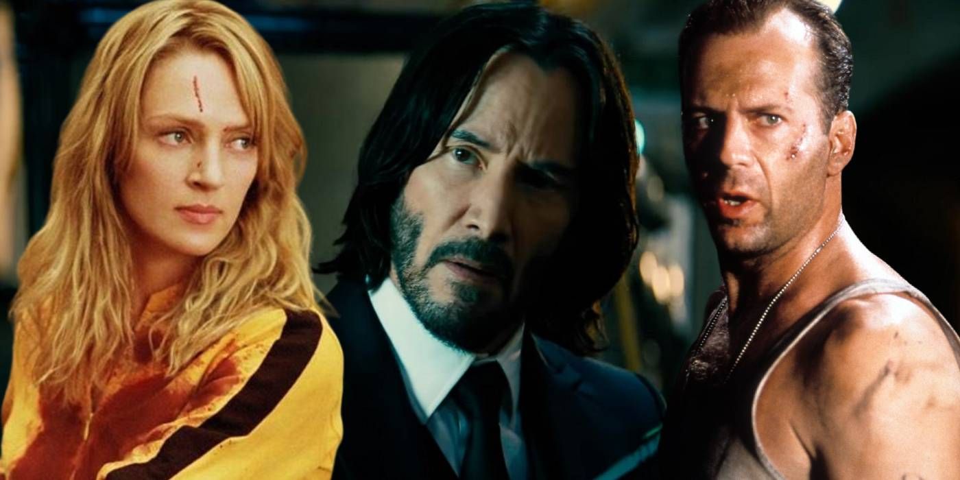 Uma Thurman as The Bride, Keanu Reeves as John Wick, and Bruce Willis as John McClane