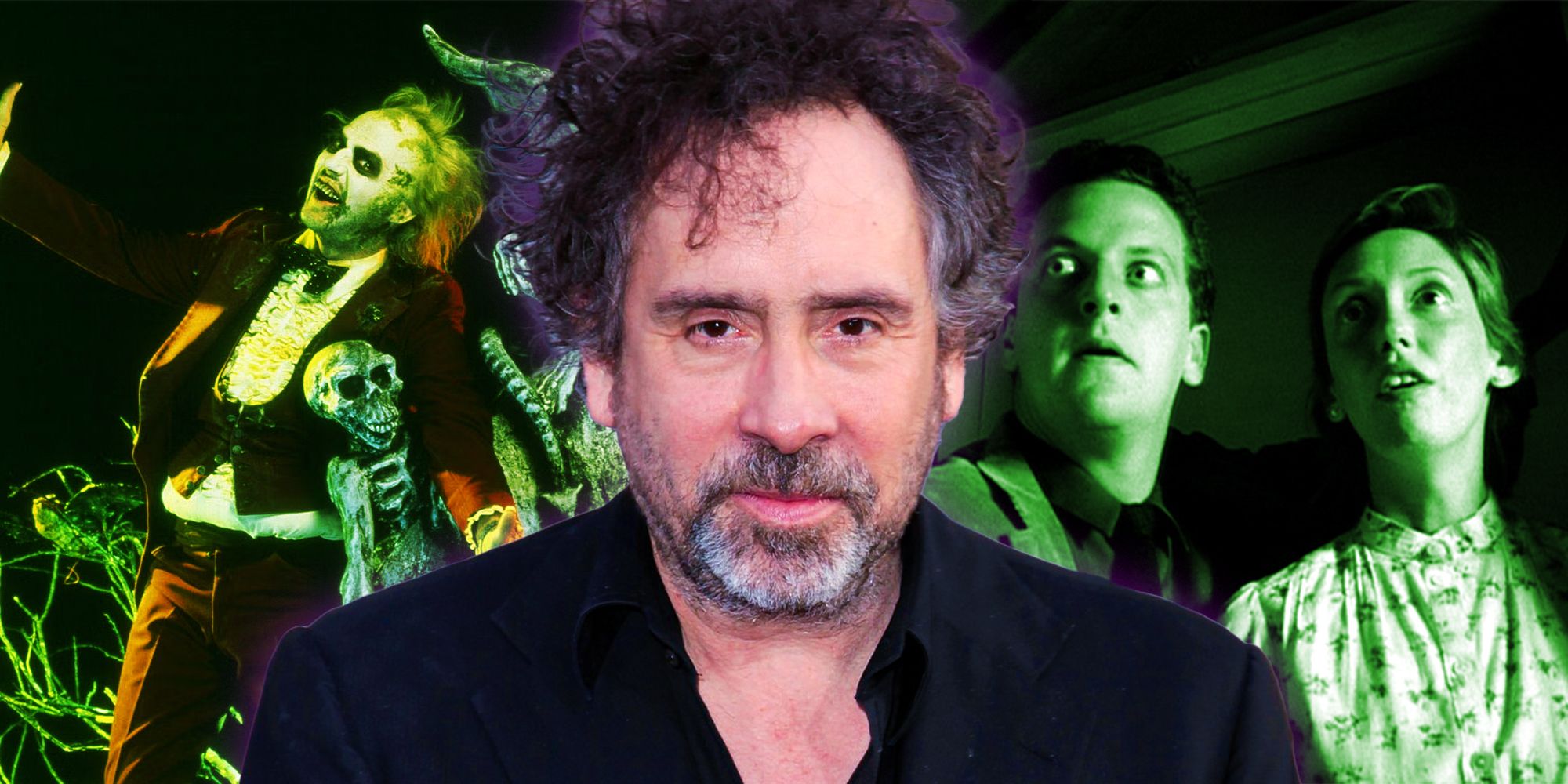 Michael Keaton in Beetlejuice, Daniel Stern and Shelley Duvall in Frankenweenie, and Tim Burton in center