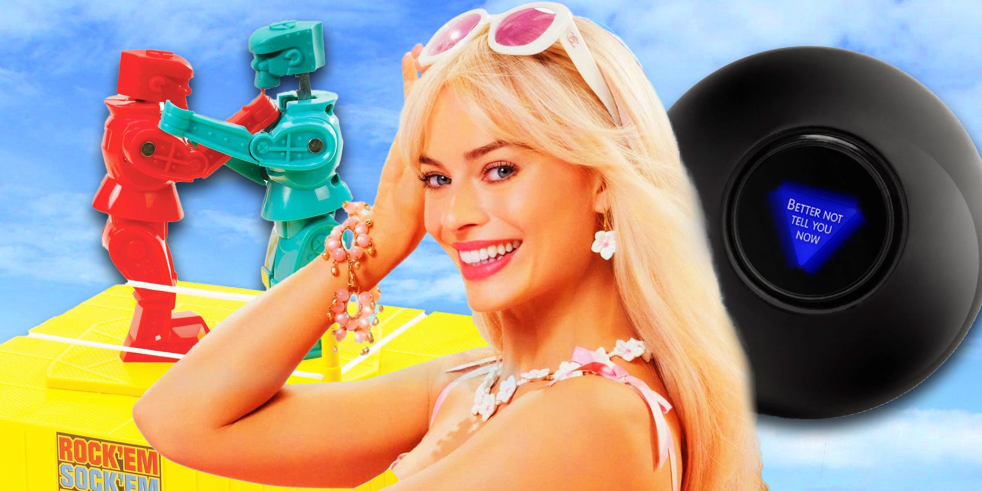 Rock 'Em Sock 'Em Robots and a Magic 8-Ball behind Margot Robbie's Barbie