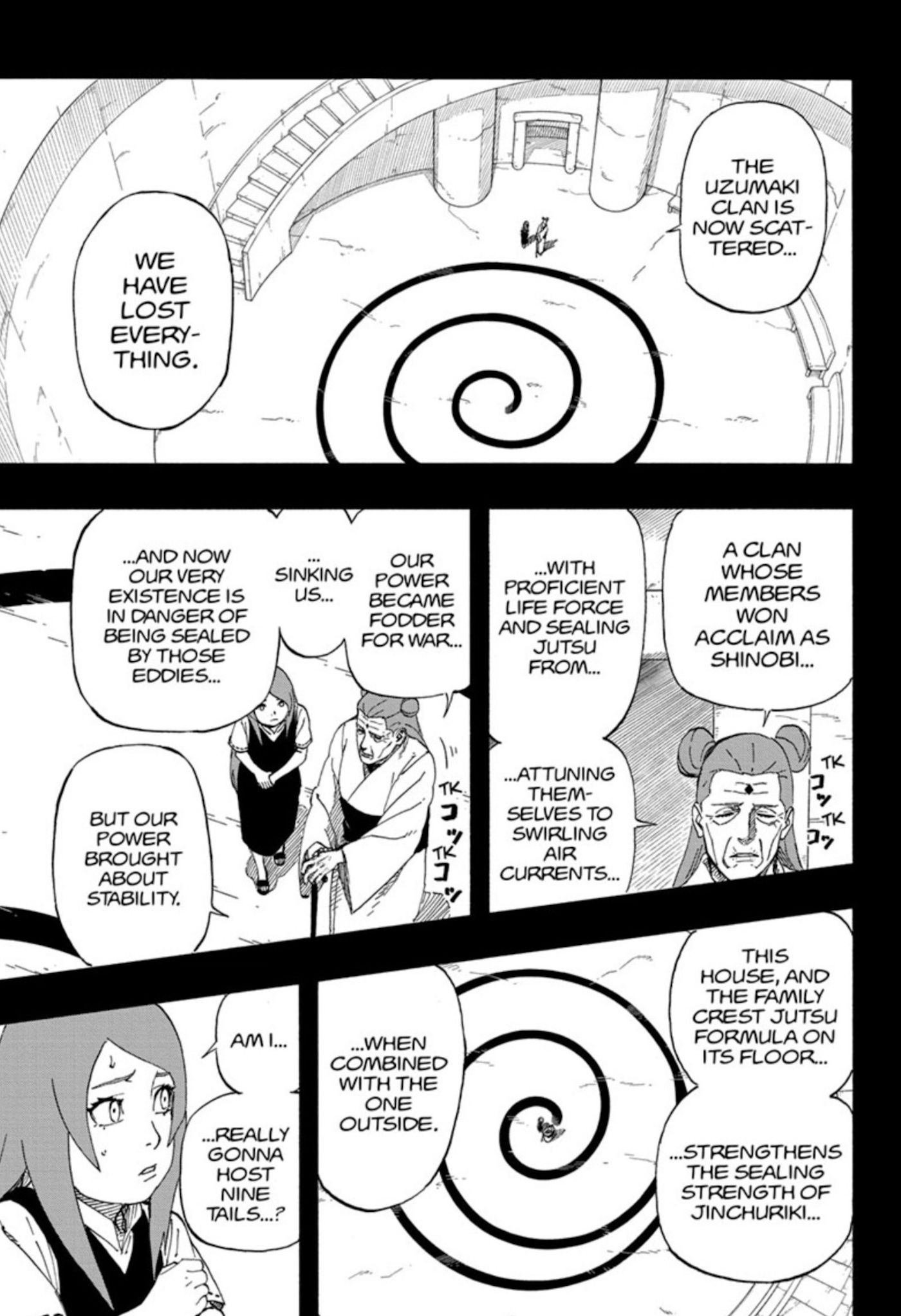 Manga panels from Kishimoto&rsquo;s one-shot Naruto: The Whorl Within The Spiral show a young Kushina talking to Mito Uzumaki about the origins of the clan.