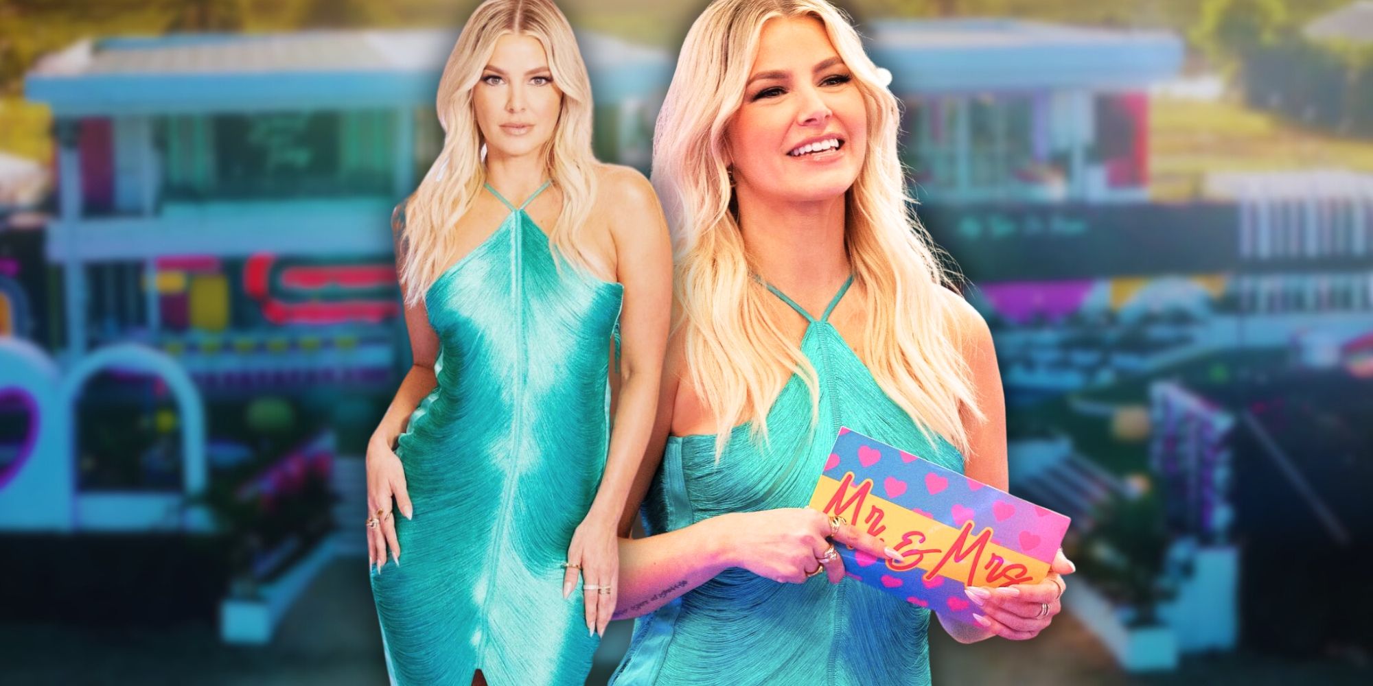 Montage of Vanderpump Rules’ Ariana Madix smiling on Love Island USA in a blue dress