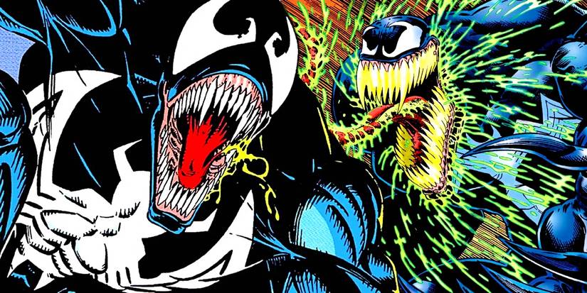 Venom spraying his green symbiote waste everywhere