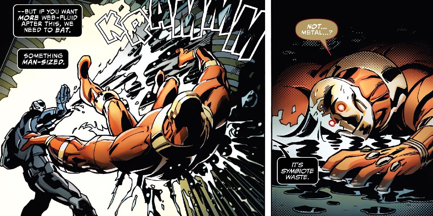 Venom knocks Flexo to the ground with symbiote waste cannon