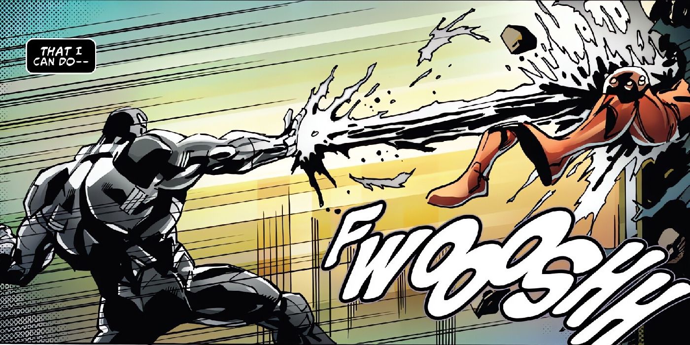 Venom shoots symbiote waste as Flexo and knocks him into a wall