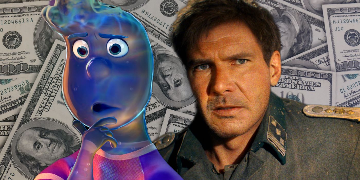 Wade from Elemental with De-Aged Indiana Jones from The Dial of Destiny in Front of A Pile of Money