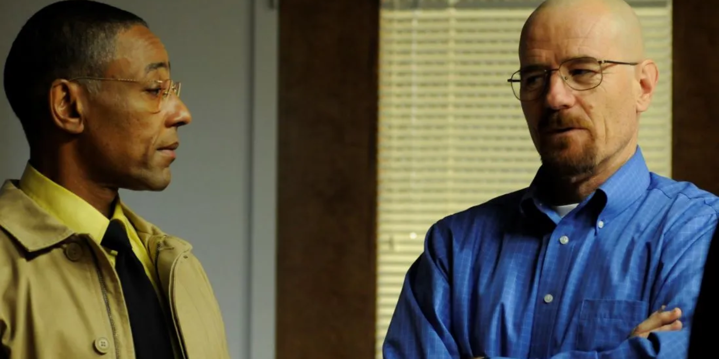 Giancarlo Esposito as Gus Fring looks at Bryan Cranston as Walter White in Breaking Bad