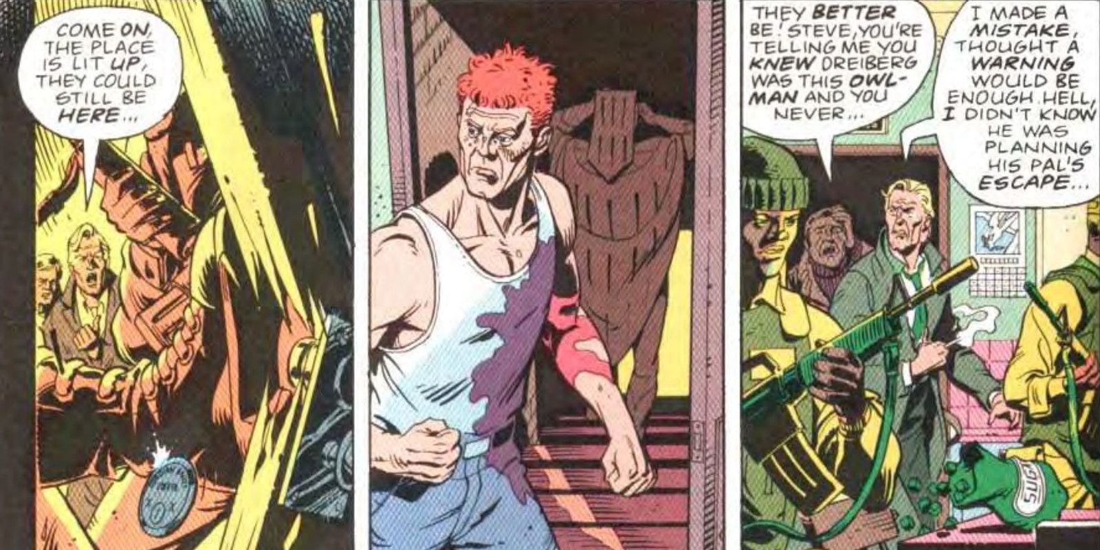 Nite-Owl and Rorschach escape police in Watchmen comic