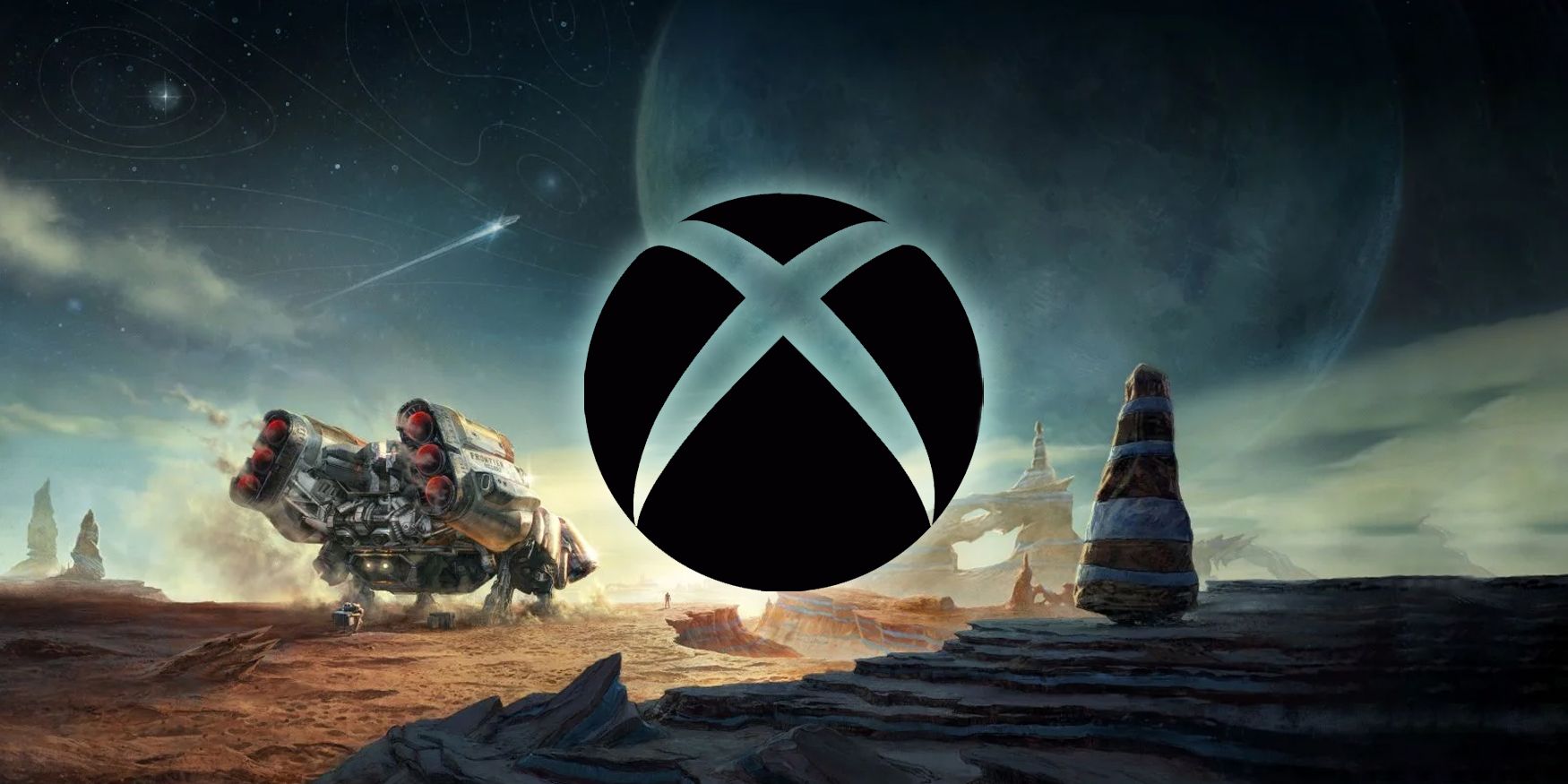 The Xbox logo floats above a scene of a dusty, barren planet from Starfield. A rover lands on the planet's surface at left, while another ship streaks through the sky above.