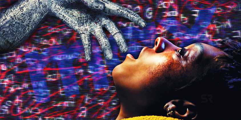 The embalmed hand and Mia in Talk to Me.