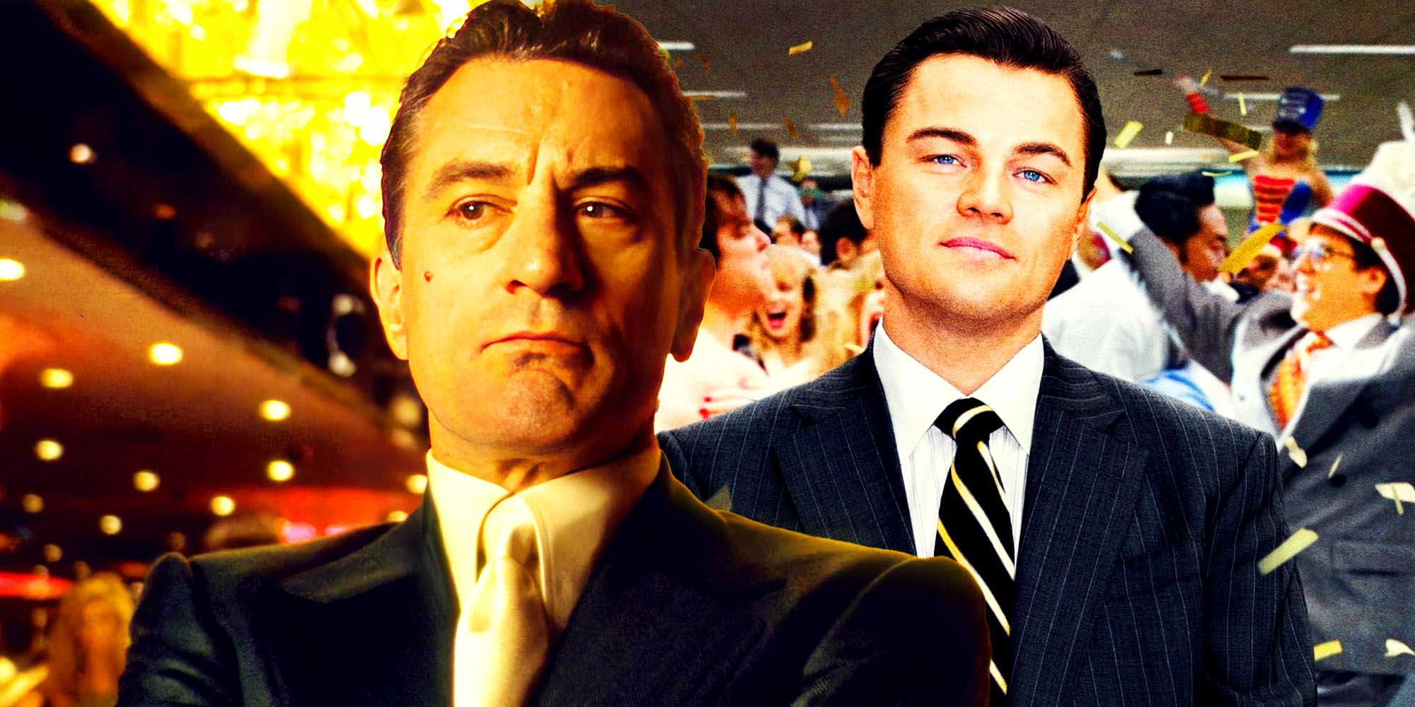 Collage of Robert De Niro in Casino and Leonardo DiCaprio in The Wolf of Wall Street