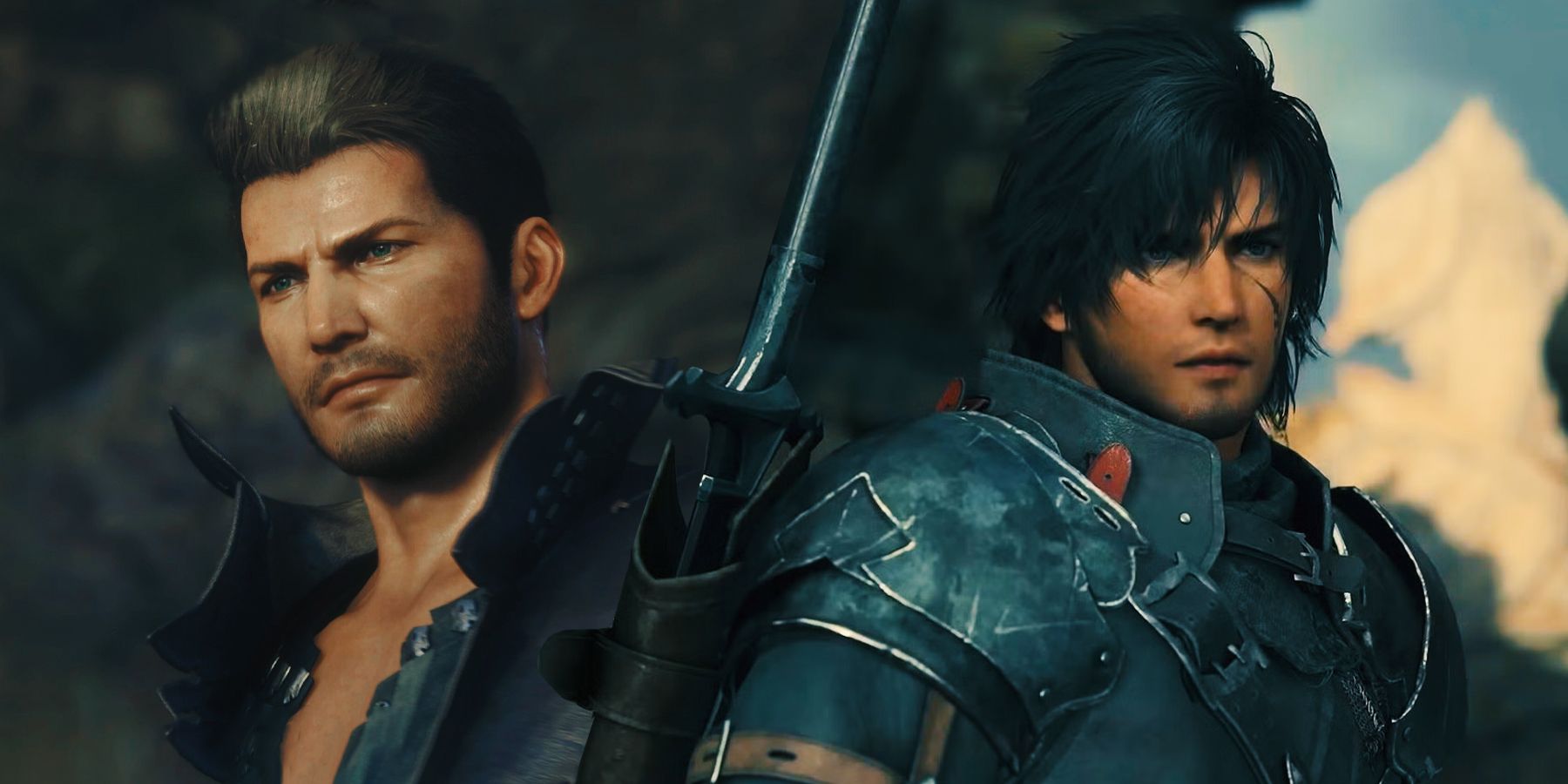 Cid and Clive from Final Fantasy 16 with cloudy skies in the background.