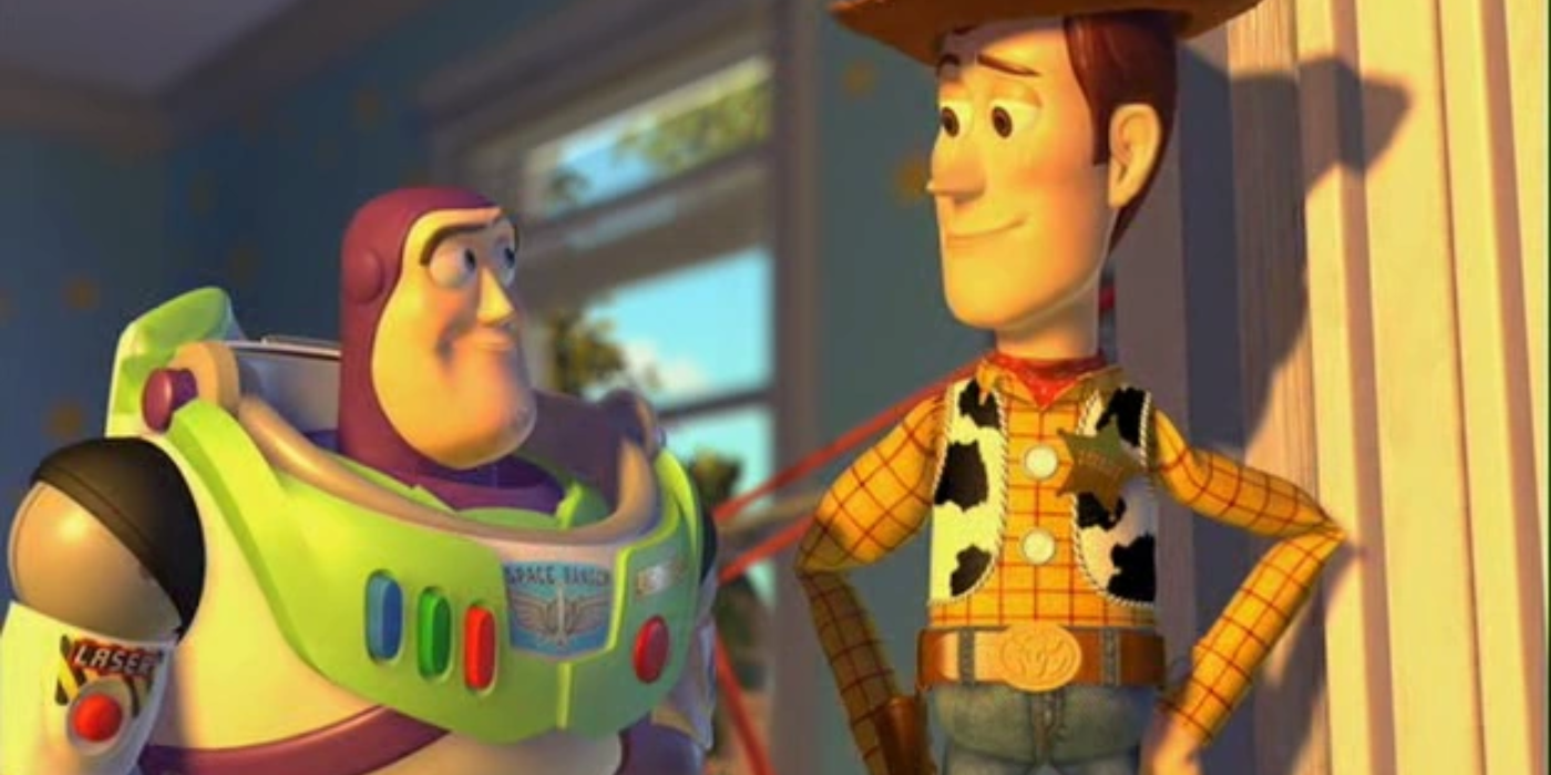 Woody e Buzz se entreolhando 