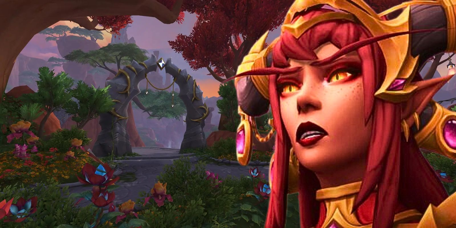 World of Warcraft Dragonflight with Alexstrasza in front of a garden in the Dragon Isles