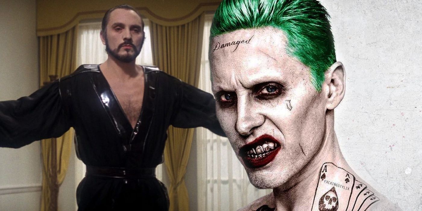 Terence Stamp as General Zod in Superman II (1980) and Jared Leto as the Joker on the poster for Suicide Squad (2016)