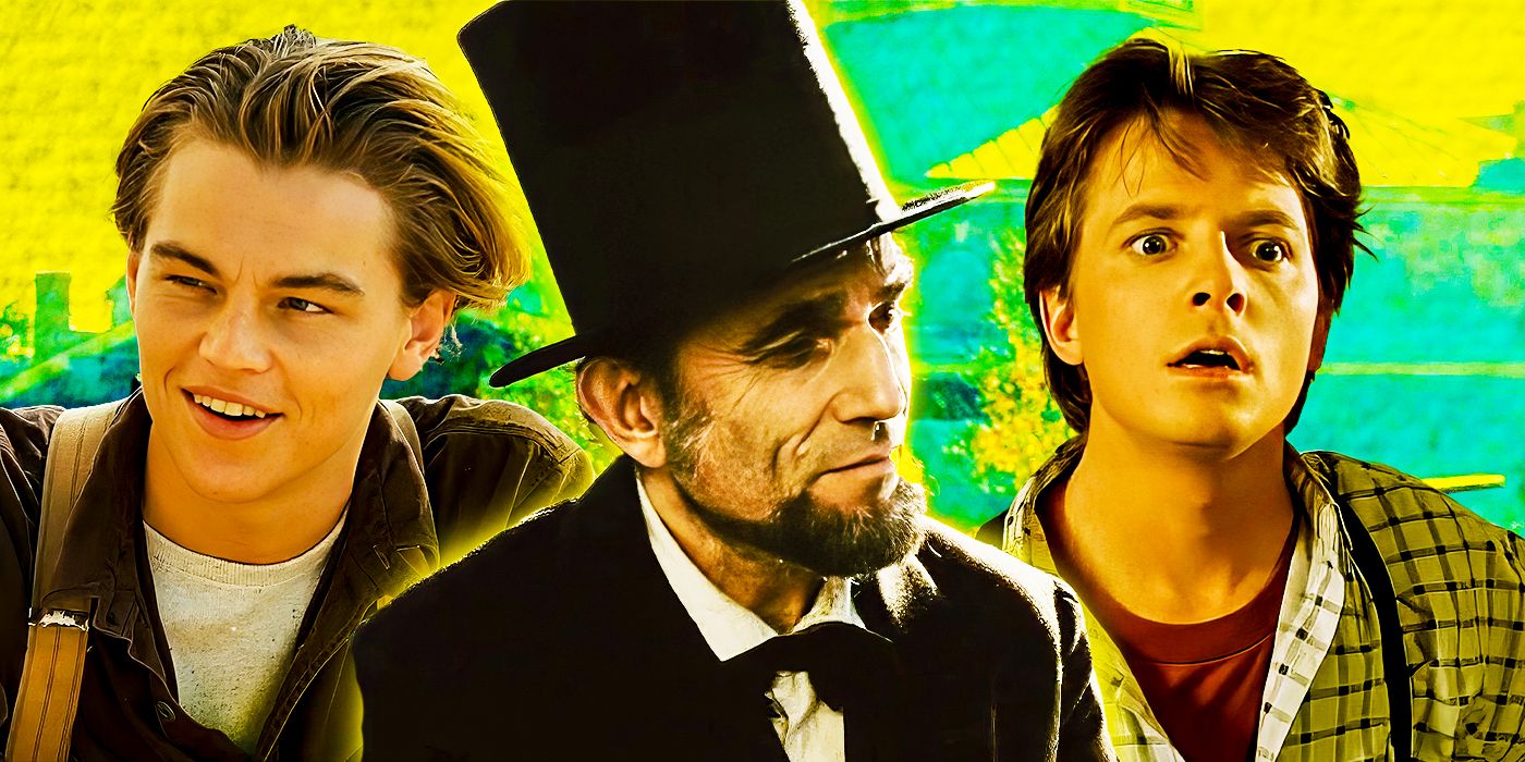 Collage of Leonardo DiCaprio in Titanic, Daniel Day Lewis in Lincoln and Michael J. Fox in Back to the Future.
