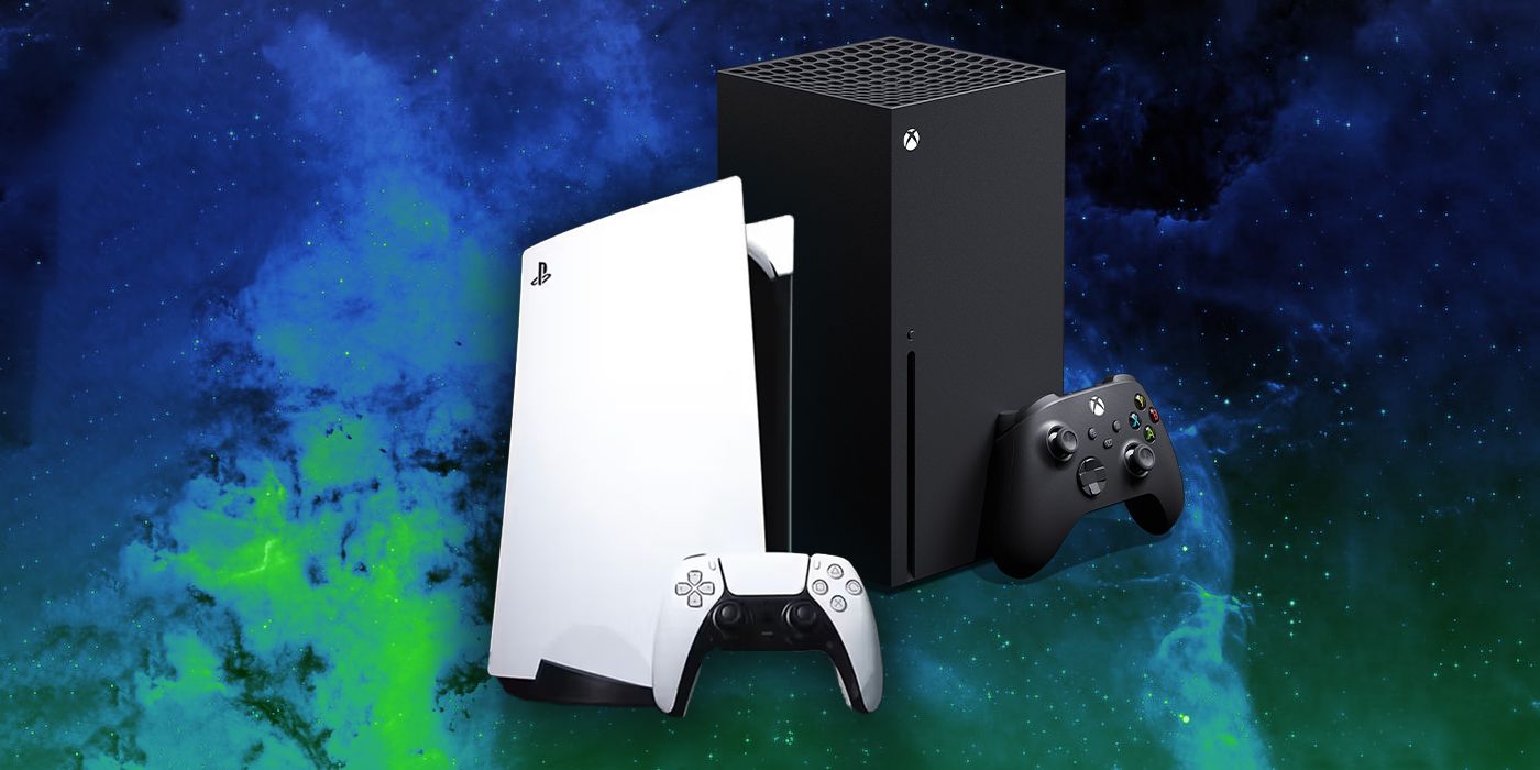 Um console PS5 ao lado de um Xbox Series X com fundo azul e verde.