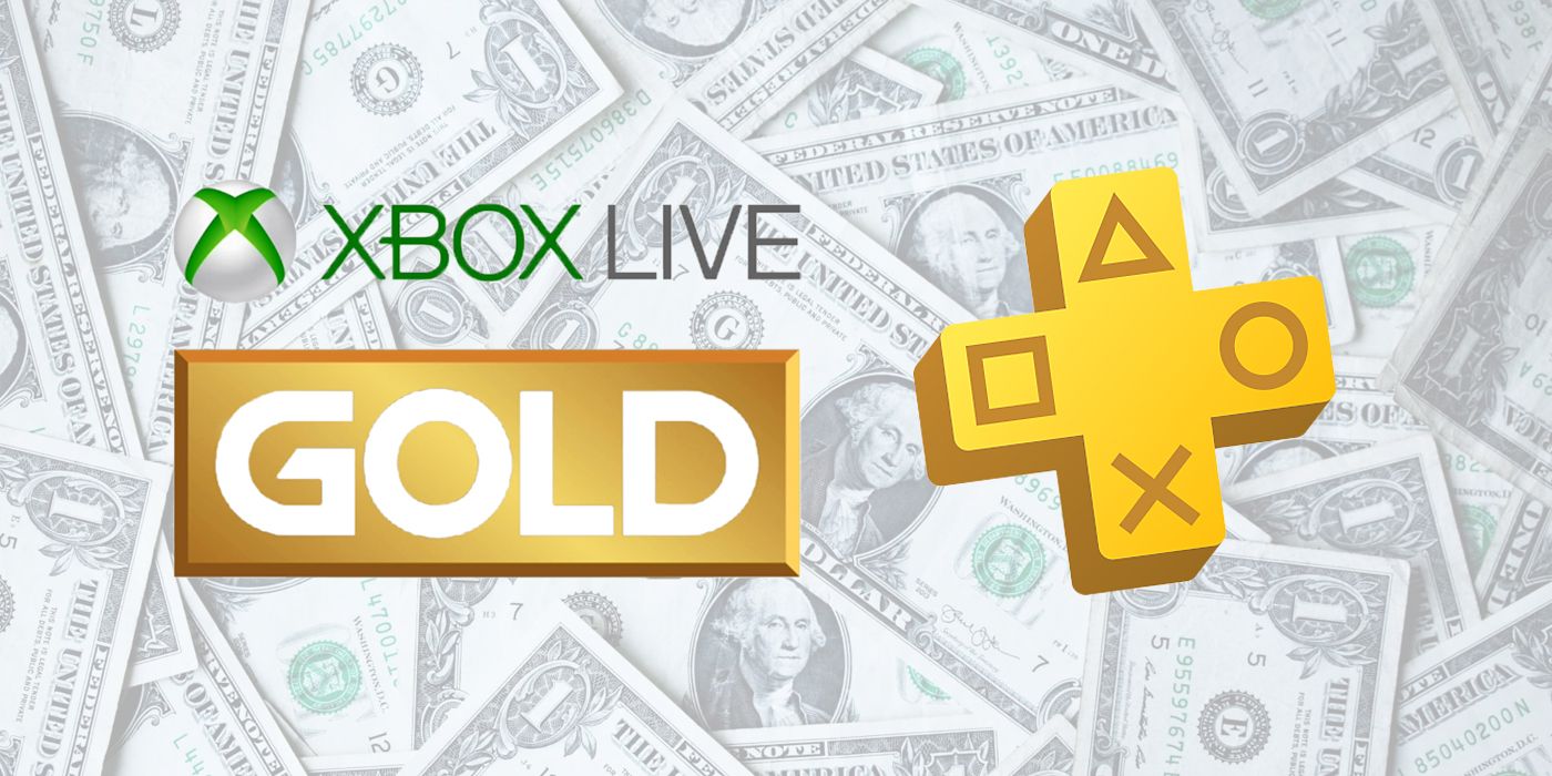 Logo Xbox Live Gold dan PS+ dengan latar belakang uang dolar
