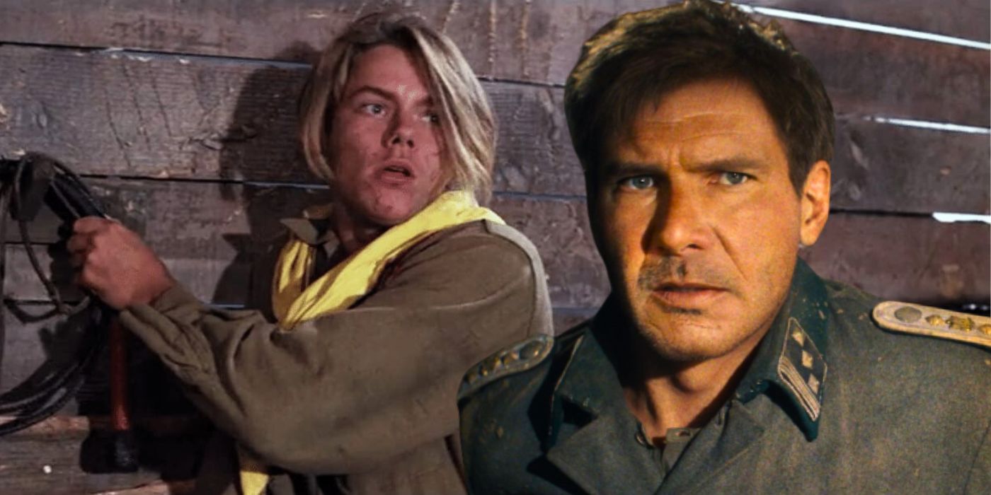 O jovem Indiana Jones segurando um chicote em The Last Crusade e Harrison Ford olhando de soslaio em Indiana Jones and The Dial of Destiny