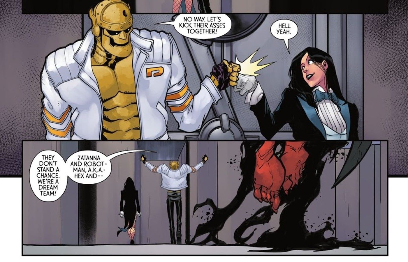Zatanna and Robotman of the Justice League and Doom Patrol fist bump