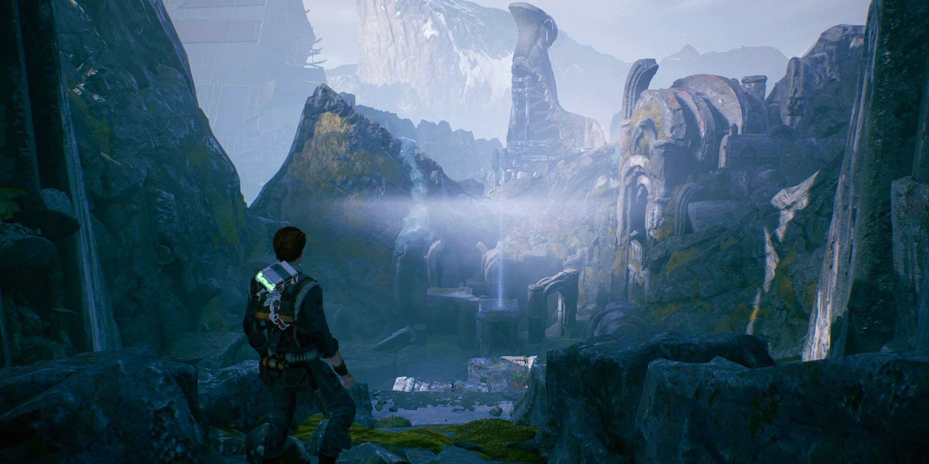 Cal Kestis stands looked out over the views of Zeffo and its ruins Star Wars Fallen Order