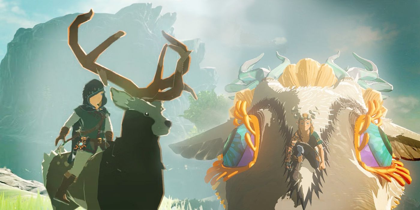 A split image of Link riding a deer on the left and the Light Dragon on the right in Tears of the Kingdom.