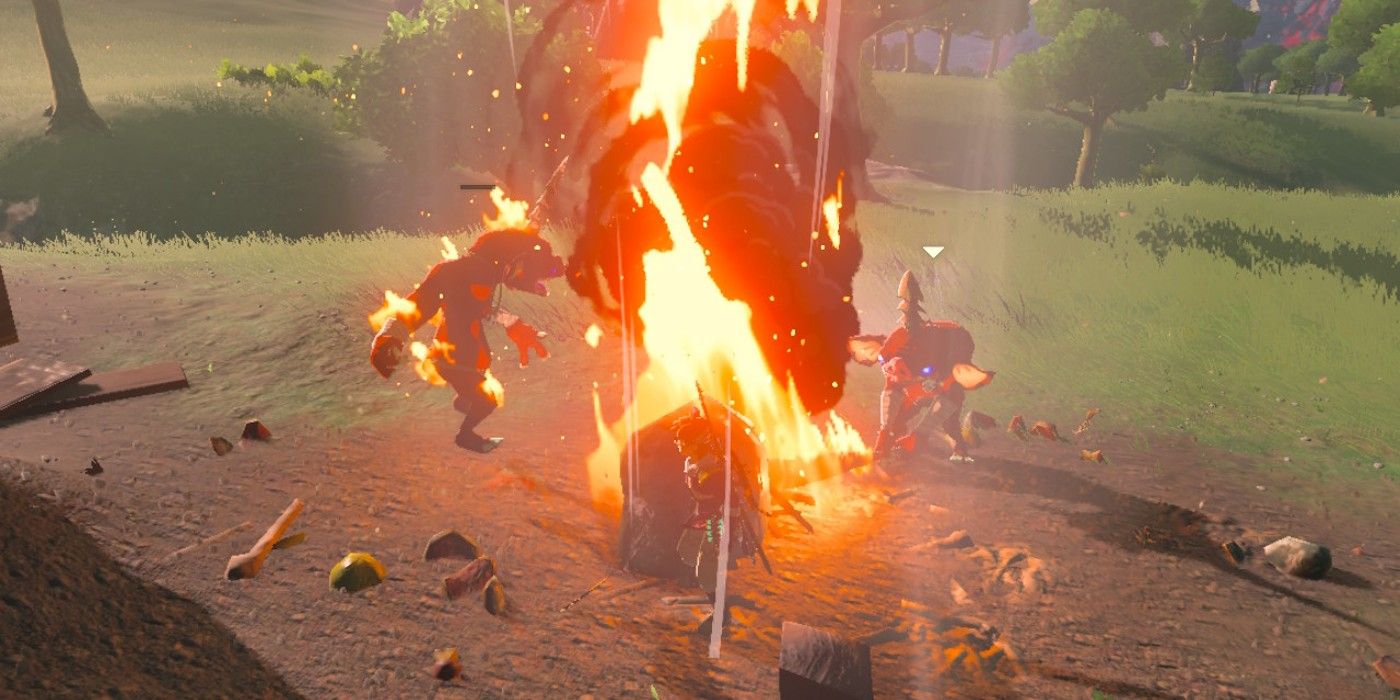 Ledakan api unggun yang disebabkan oleh Kerucut Pinus Hylian mematikan Bokoblin di The Legend of Zelda: Air Mata Kerajaan.