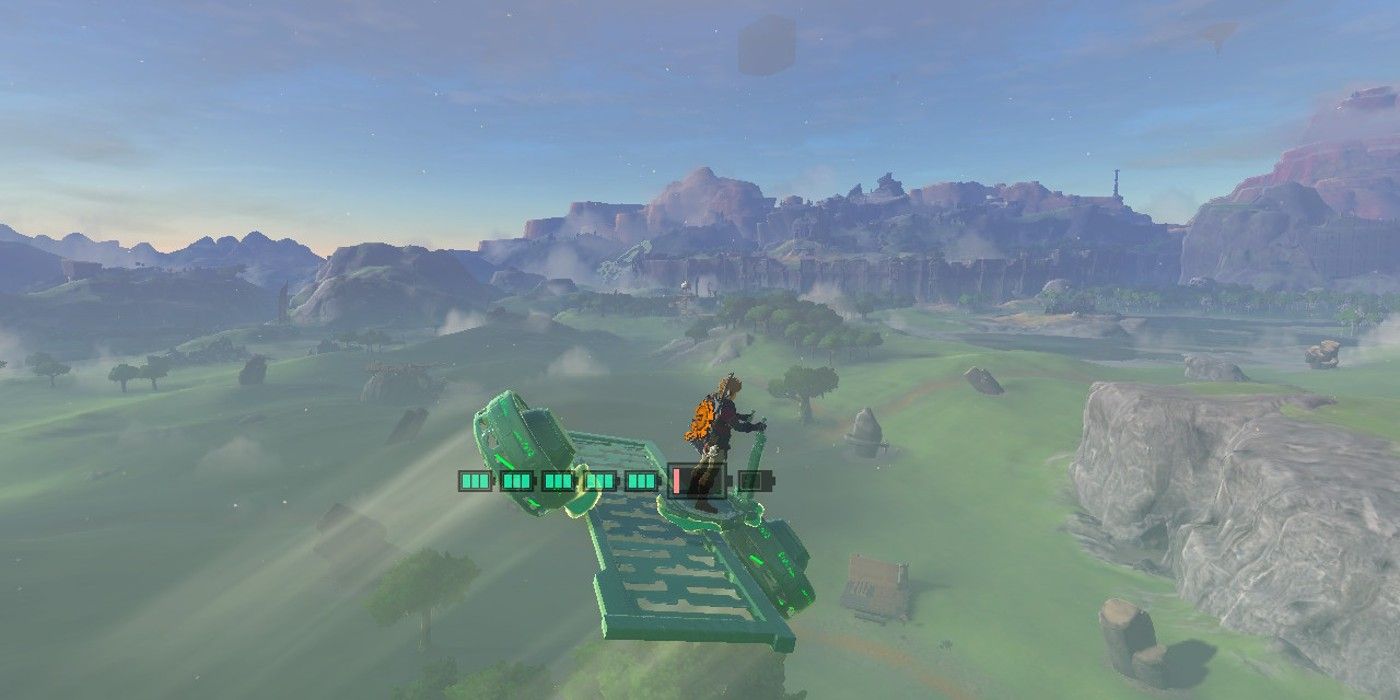 Link riding an Autobuild Hoverbike built with the elevator railing part in The Legend of Zelda: Tears of the Kingdom.
