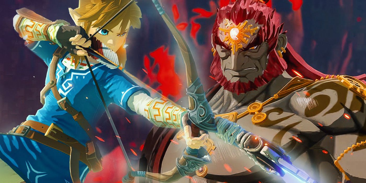 Link aiming a bow with Ganondorf in the background in Zelda Tears of the Kingdom