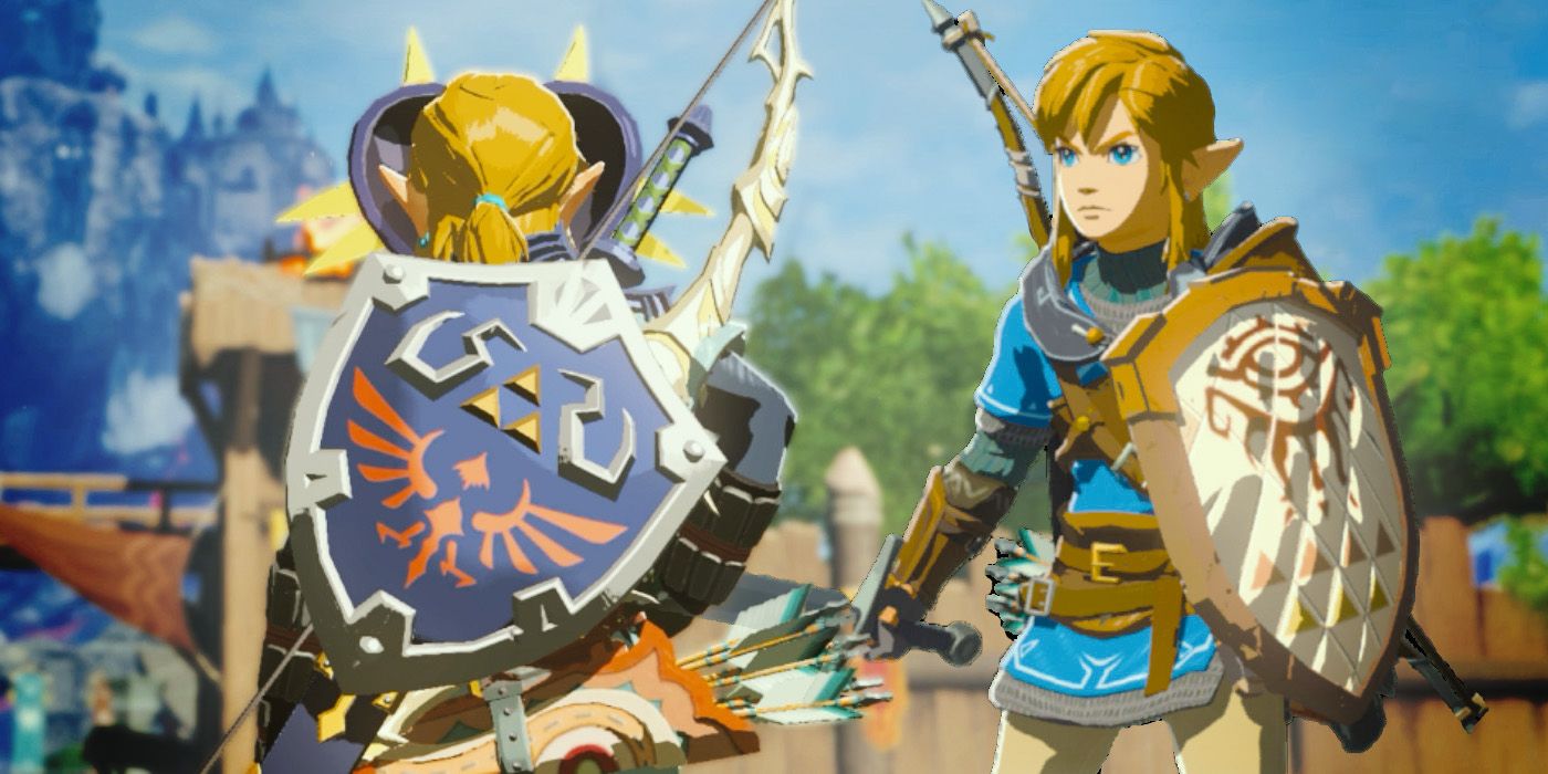 Two images of Link holding shields in Tears of the Kingdom.