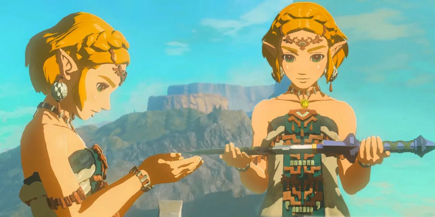 Two looks at Zelda in Tears of the Kingdom - one in profile as she cups her hand together to hold a Secret Stone, and the other head-on of her holding the destroyed Master Sword.