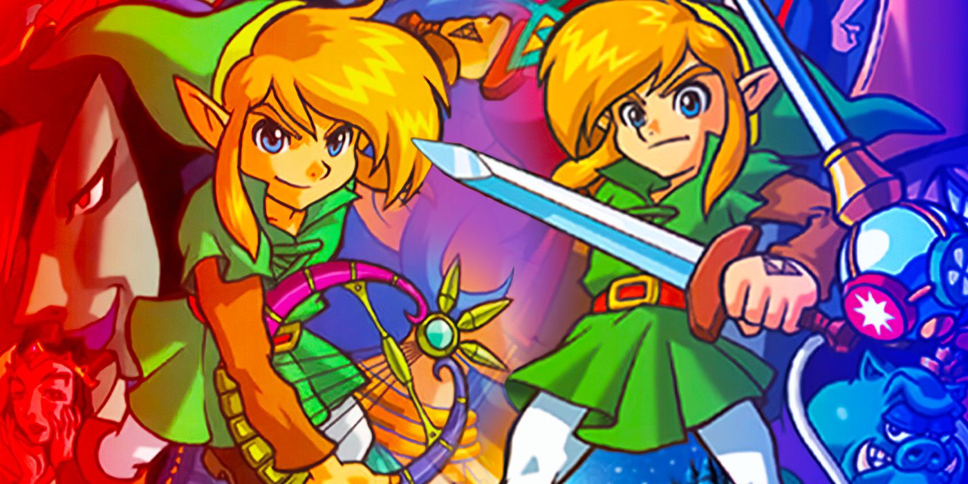 Obras de arte de The Legend of Zelda: Oracle of Ages e Oracle of Seasons retratando Link com uma harpa de um lado e uma espada do outro.