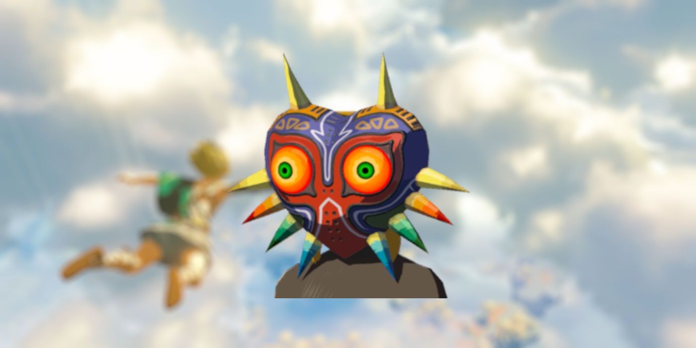 Majora's Mask from Zelda Tears of the Kingdom on a blurred background of the sky