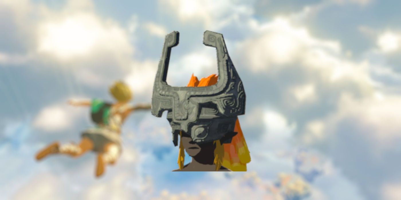 Midna's Helmet from Zelda Tears of the Kingdom on a blurred background of the sky