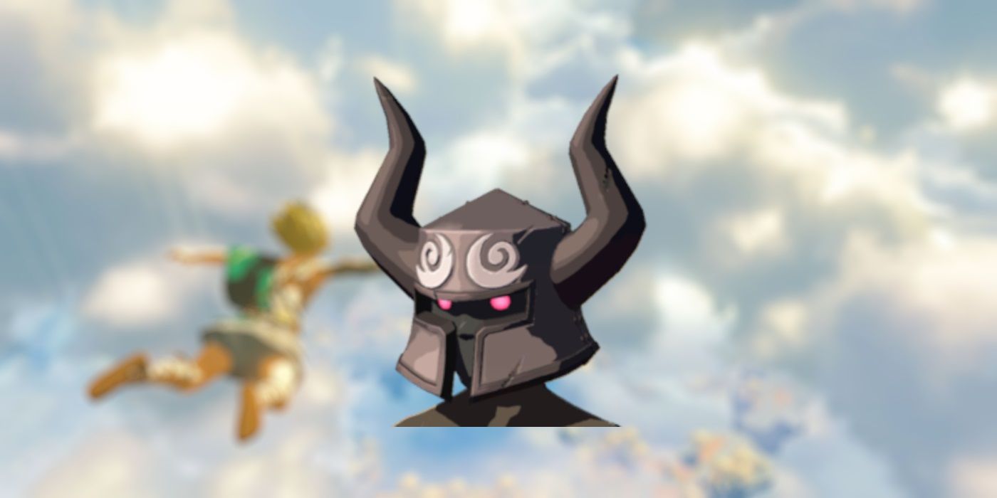 Phantom Helmet from Zelda Tears of the Kingdom on a blurred background of the sky